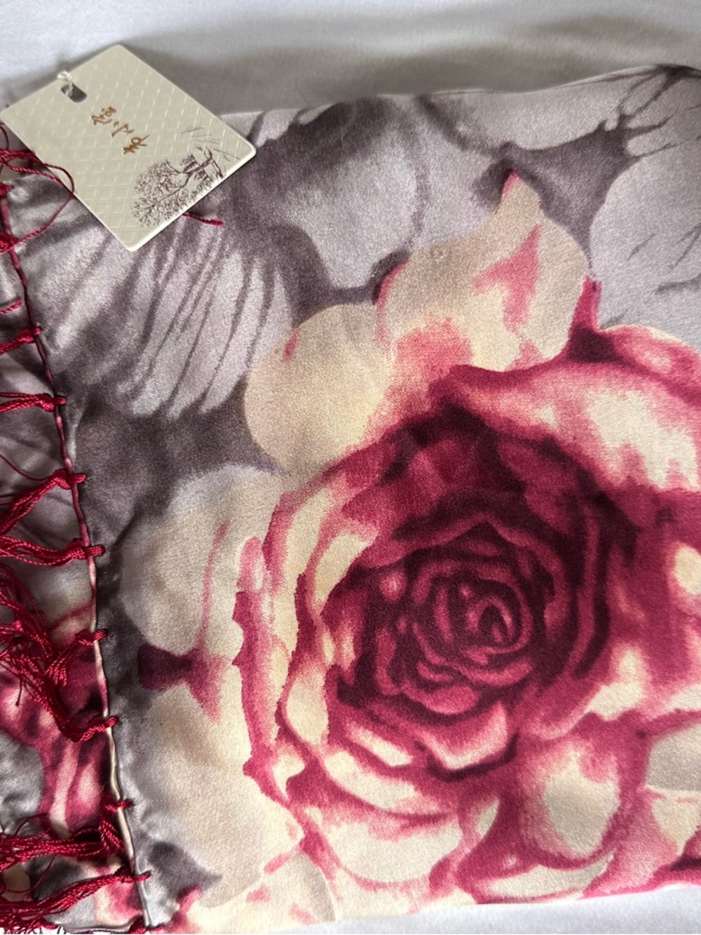 Romantic Mulberry Silk Floral Scarf Wrap Rose Print Fringe Shawl Lightweight NWT - Picture 13 of 14